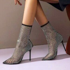 Women's Sexy Fishnets Rhinestones Sock Heeled Sandals!